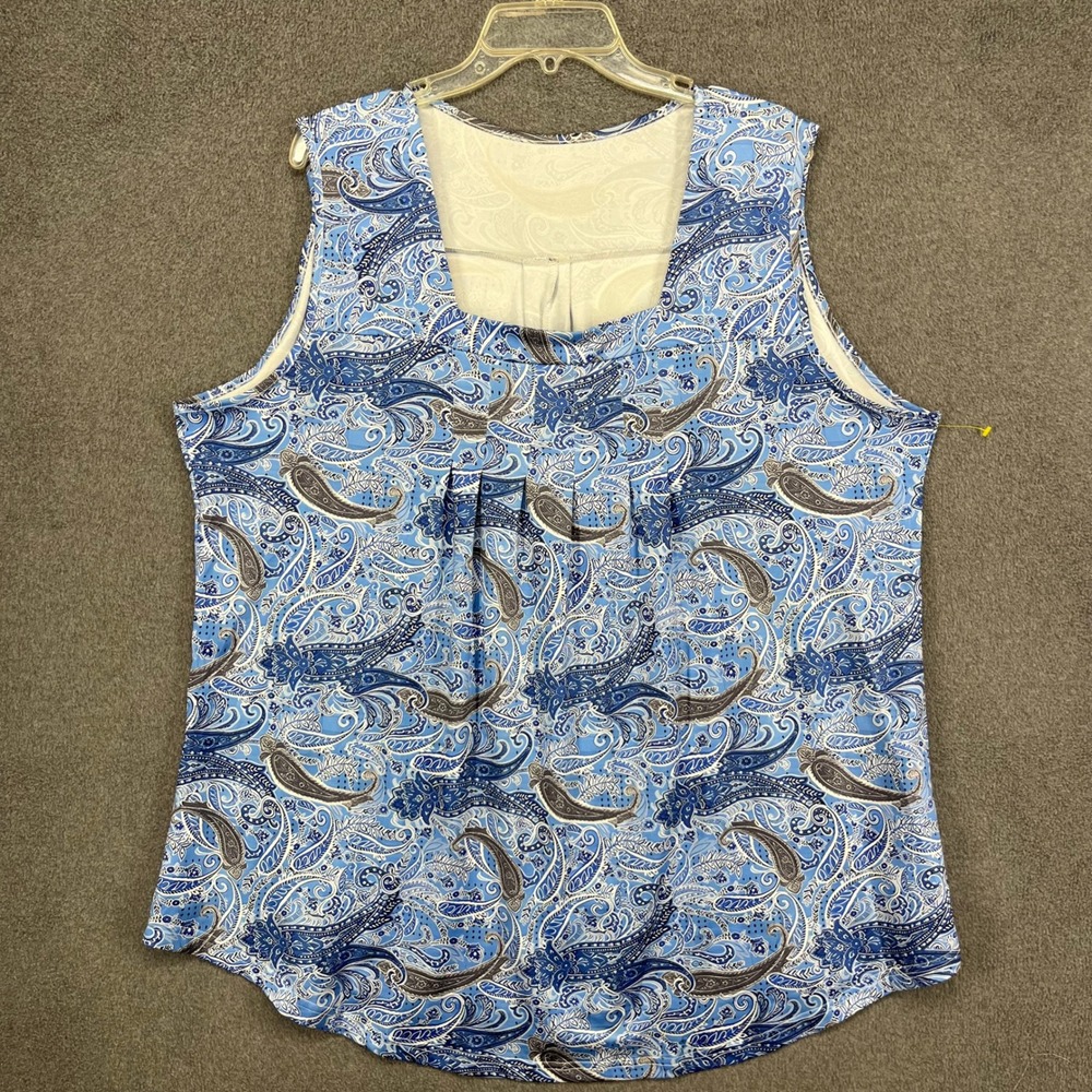 Curve Paisley Blouse Women 4XL Blue Sleeveless Square Neck Pleated Boho Top